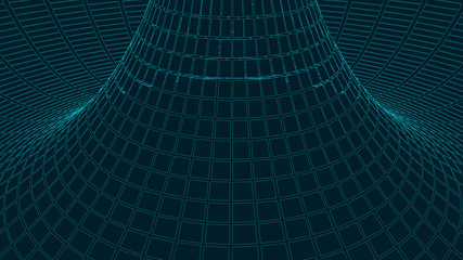Poster - Vortex. Vector perspective curved grid. Wireframe abstract tunnel. 3D vector wormhole with a mesh structure.