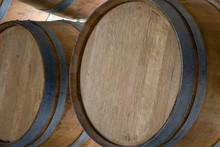 Wooden Barrels Stand On Top Of Each Other, Wine Storage, Part Of The Interior, The Structure Of The Tree.