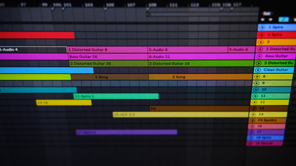 Close up view computer monitor digital audio workstation or DAW music production app, electronic device application software used for recording, editing and producing audio files on pc, sound creation