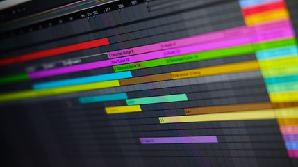Close up view computer monitor digital audio workstation or DAW music production app, electronic device application software used for recording, editing and producing audio files on pc, sound creation