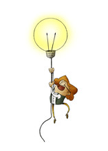 Woman Flying On A Light Bulb As A Symbol Of Creativity. Isolated