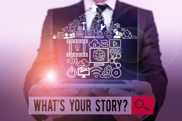 Poster - Conceptual hand writing showing What S Your Story Question. Concept meaning asking demonstrating about his past life actions events