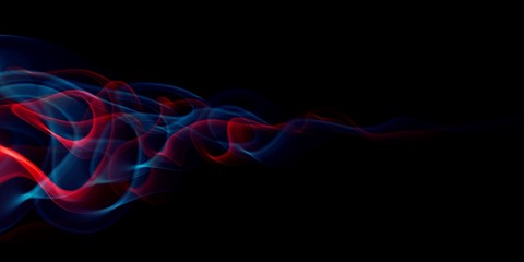Poster - Abstract light smoke red and blue color wavy flowing isolated on black in concept of science, technology, modern.