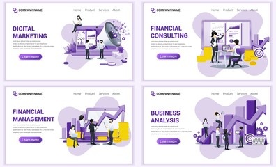 Wall Mural - Set of web page design templates for financial analysis, investment and consulting. Can use for web banner, poster, infographics, landing page, web template. Flat vector illustration
