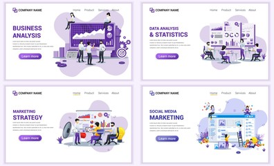 Wall Mural - Set of web page design templates for business analysis and statistics, marketing strategy. Can use for web banner, poster, infographics, landing page, web template. Flat vector illustration