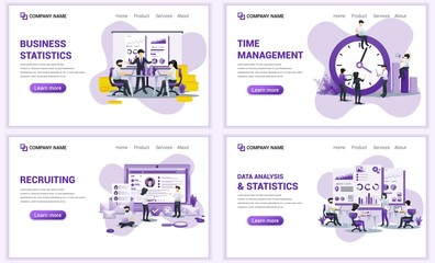 Wall Mural - Set of web page design templates for business analysis and statistics, time management, recruiting. Can use for web banner, poster, infographics, landing page, web template. Flat vector illustration