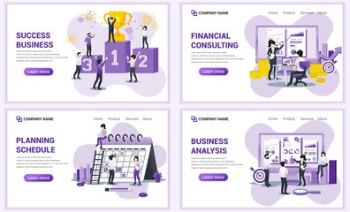 Wall Mural - Set of web page design templates for business analysis, financial consulting, schedule. Can use for web banner, poster, infographics, landing page, web template. Flat vector illustration