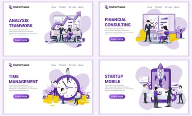 Wall Mural - Set of web page design templates for business startup, consulting, time management. Can use for web banner, poster, infographics, landing page, web template. Flat vector illustration