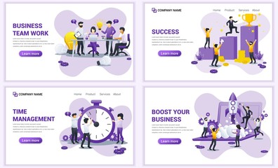 Wall Mural - Set of web page design templates for startup business, team work and time management. Can use for web banner, poster, infographics, landing page, web template. Flat vector illustration