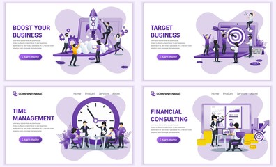 Wall Mural - Set of web page design templates for startup, time management, target business, financial consult. Can use for web banner, poster, infographics, landing page, web template. Flat vector illustration