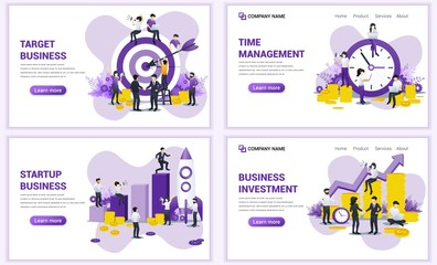 Wall Mural - Set of web page design templates for target business, startup, investment, time management. Can use for web banner, poster, infographics, landing page, web template. Flat vector illustration