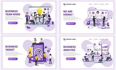 Wall Mural - Set of web page design templates for team work, hiring, target business and analysis. Can use for web banner, poster, infographics, landing page, web template. Flat vector illustration