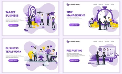 Wall Mural - Set of web page design templates for target business, time management, team work, recruiting. Can use for web banner, poster, infographics, landing page, web template. Flat vector illustration