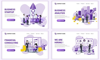 Wall Mural - Set of web page design templates for business startup, analysis, hiring and financial consulting. Can use for web banner, poster, infographics, landing page, web template. Flat vector illustration