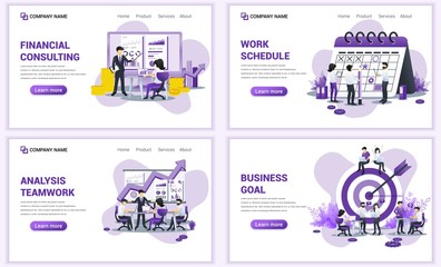Wall Mural - Set of web page design templates for financial consulting and analysis, business goal, schedule. Can use for web banner, poster, infographics, landing page, web template. Flat vector illustration