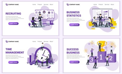 Wall Mural - Set of web page design templates for business statistics, recruiting, time management. Can use for web banner, poster, infographics, landing page, web template. Flat vector illustration