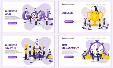 Wall Mural - Set of web page design templates for business goal, startup, time management. Can use for web banner, poster, infographics, landing page, web template. Flat vector illustration
