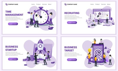 Wall Mural - Set of web page design templates for time management, recruiting, startup, target business. Can use for web banner, poster, infographics, landing page, web template. Flat vector illustration