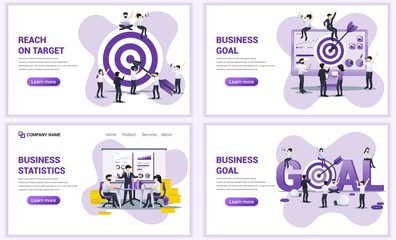 Wall Mural - Set of web page design templates for target business, business goal, statistic. Can use for web banner, poster, infographics, landing page, web template. Flat vector illustration