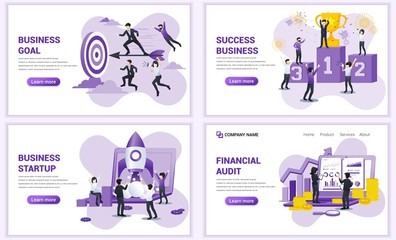 Wall Mural - Set of web page design templates for business goal, startup, financial audit. Can use for web banner, poster, infographics, landing page, web template. Flat vector illustration