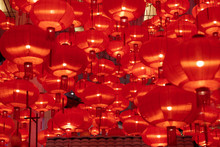 Traditional Red Lanterns Decorated For Chinese New Year Chunjie. Cultural Festival In Shanghai. Bright Lush Lava Red Background.