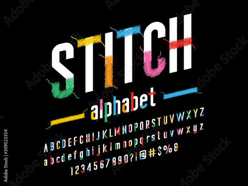 Stitched alphabet design with thread, embroidery letters with uppercase, lowe...