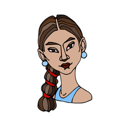 head of a european young cute brunette sports girl in blue t-shirt, avatar, color vector illustration with black contour lines isolated on a white background in a hand drawn and cartoon style