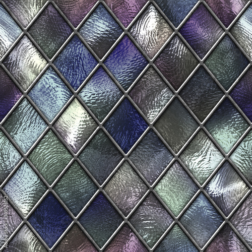 Fototapeta na wymiar Stained glass seamless texture, colored glass with rhombus pattern for window, 3d illustration