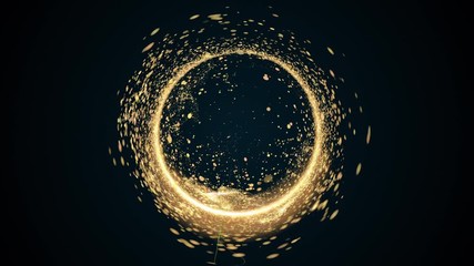 Poster - Computer generated abstract background. A chaotic stream of golden round particles and light creates a funnel or spiral. 3D rendering