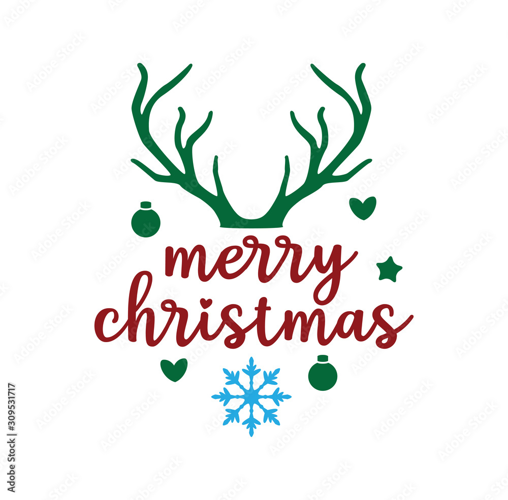 merry christmas greeting text with deer horn and snow flake vector ...