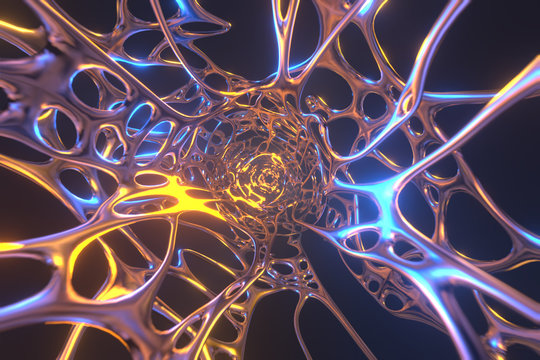 Abstract 3d rendering illustration .Organic structure network neutron metal membrane sci-fi background. 5G technology networking communication data cyber .Nanotechnology organization concept.
