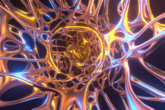 Abstract 3d rendering illustration .Organic structure network neutron metal membrane sci-fi background. 5G technology networking communication data cyber .Nanotechnology organization concept.