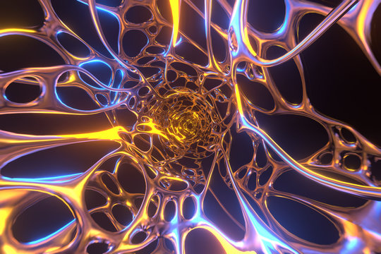Abstract 3d rendering illustration .Organic structure network neutron metal membrane sci-fi background. 5G technology networking communication data cyber .Nanotechnology organization concept.