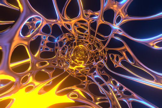 Abstract 3d rendering illustration .Organic structure network neutron metal membrane sci-fi background. 5G technology networking communication data cyber .Nanotechnology organization concept.