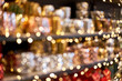 Abstract blur. Market of decor . Lots of christmas decoration in store. Christmas shopping for new year tree.