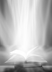 Poster - Imagine a picture book of an ancient book opened on a wooden table with a sparkling golden background. With magical power, magic, lightning around a glowing glowing book In the room of darkness