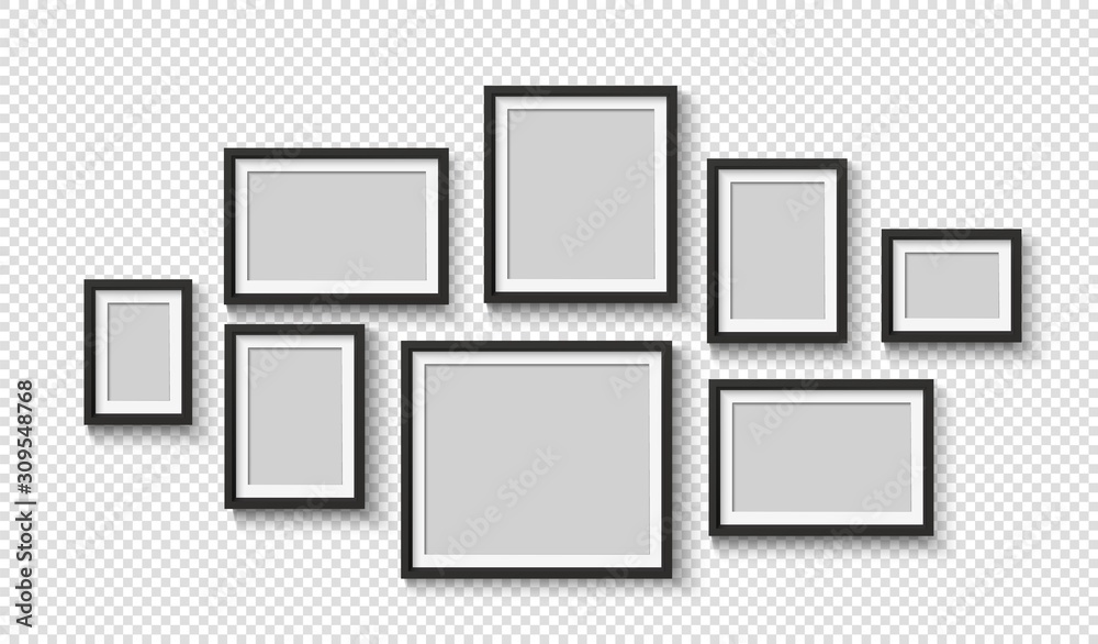 Black photo frame on wall. Square frame set. Blank pictures. Vector decoration element. 3D poster with shadow for presentations - obrazy, fototapety, plakaty 