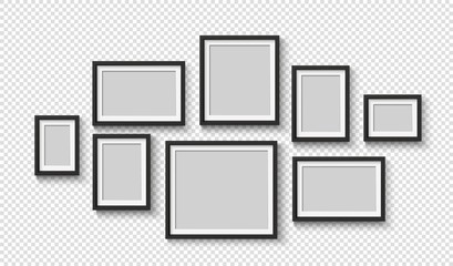 black photo frame on wall. square frame set. blank pictures. vector decoration element. 3d poster wi