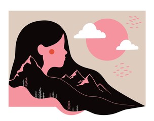 Modern abstract vector illustration with long hair woman. Minimalistic concept, nature mountain landscape, pastel colors.