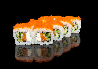 Wall Mural - sushi and rolls with different fillings on a black background with reflection