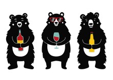 Vector Illustration With Bears Holding Drinks - Wine Bottle, Red Wine Glass And Beer.