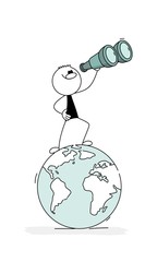 Sticker - Doodle stick figure: Man on a globe looks through binoculars. 