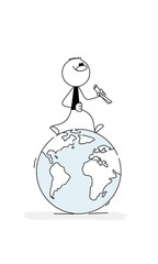doodle stick figure: little man with a map walking around the globe.