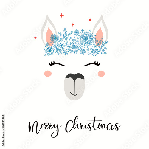 Hand drawn card with cute llama face in snowflakes crown, stars, text Merry C...
