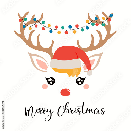 Hand drawn card with cute reindeer face in Santa Claus hat, garland hanging f...