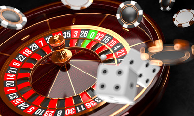 Casino background. Luxury Casino roulette wheel on black background. Casino theme. Close-up white casino roulette with a ball, chips and dice. Poker game table. 3d rendering illustration.