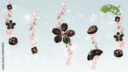 桜と扇型の和風チョコレートのイラストキラキラブルー背景素材 Stock Illustration Adobe Stock