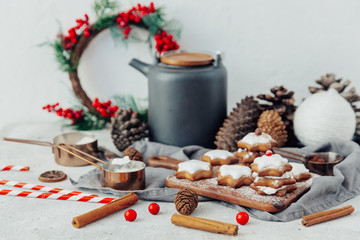 Wall Mural - Homemade Christmas star shape gingerbread cookies