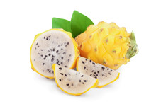 Ripe Dragon Fruit, Pitaya Or Pitahaya Yellow Isolated On White Background, Fruit Healthy Concept