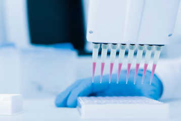 Poster - Lab assistant in gloves making scientific experiment with the help of big pipette